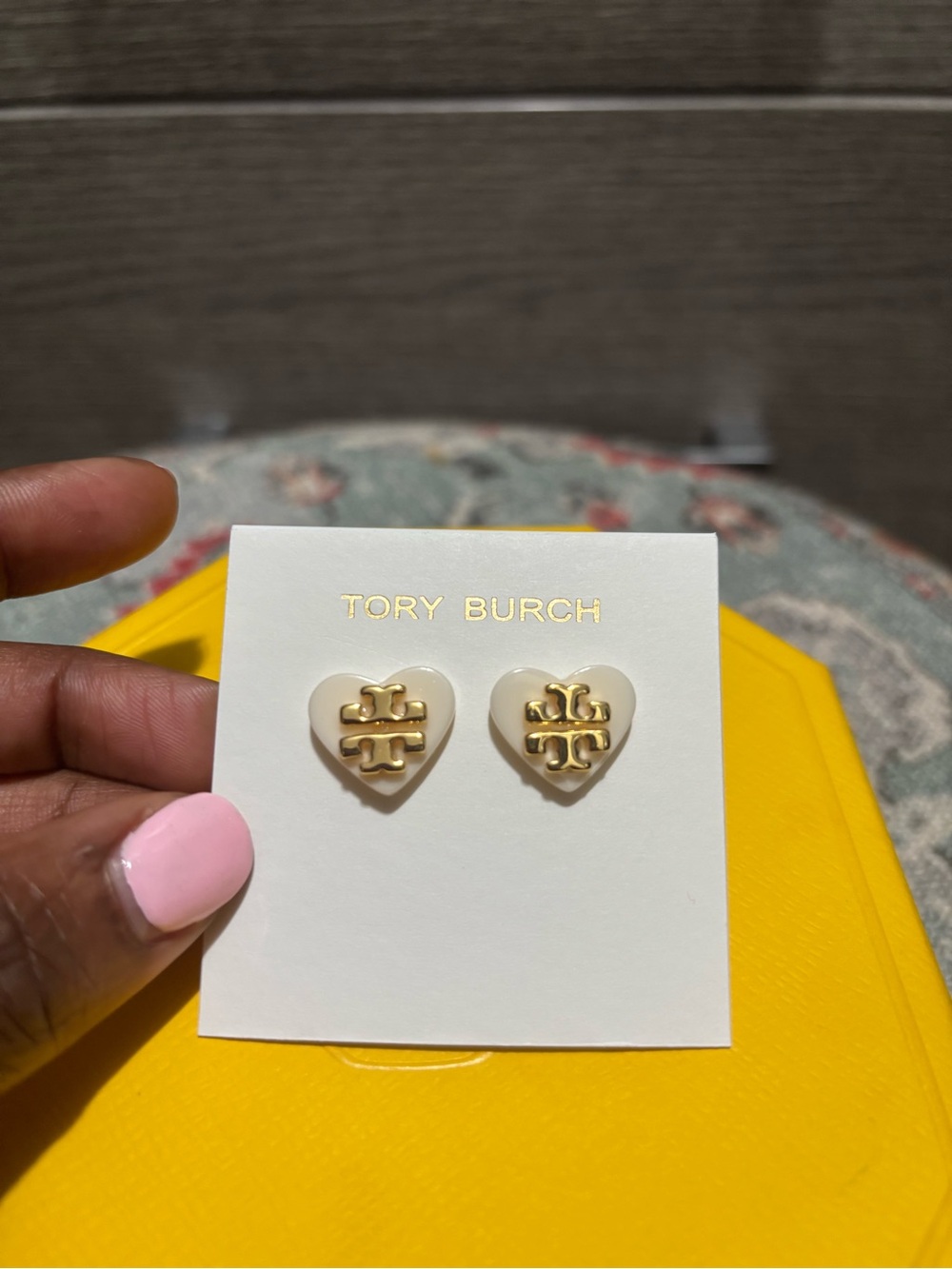 Tory Burch Cream Heart Logo Stud Earrings with Gold Emblem